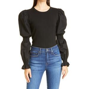 Veronica Beard 'Fawn' Black Cotton Mix Media Virago Sleeve Stretch Cotton Top